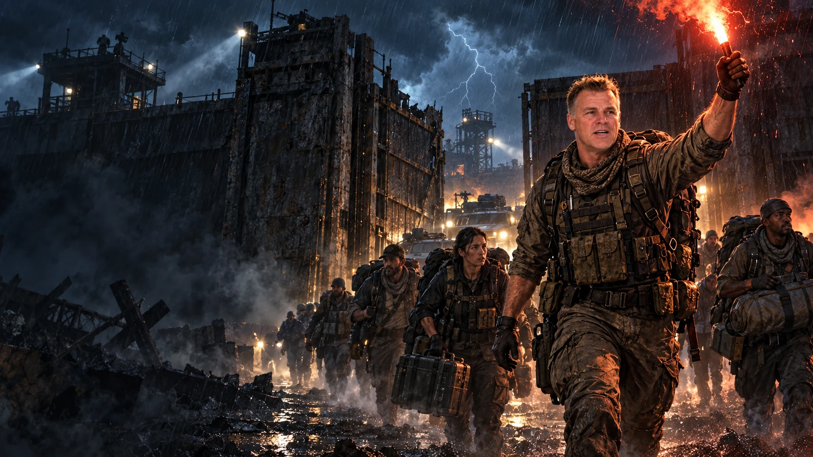 Commander Neb leads a survivor column through a storm-lit sanctuary gate