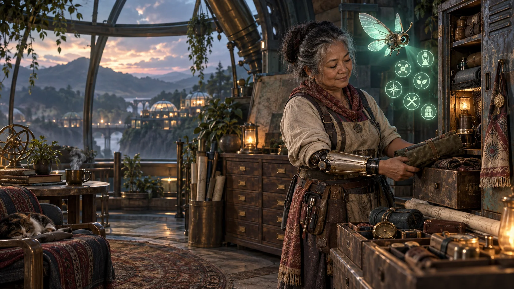 An original quartermaster organizes her private field locker beside a small glowing maintenance drone in a reclaimed observatory.