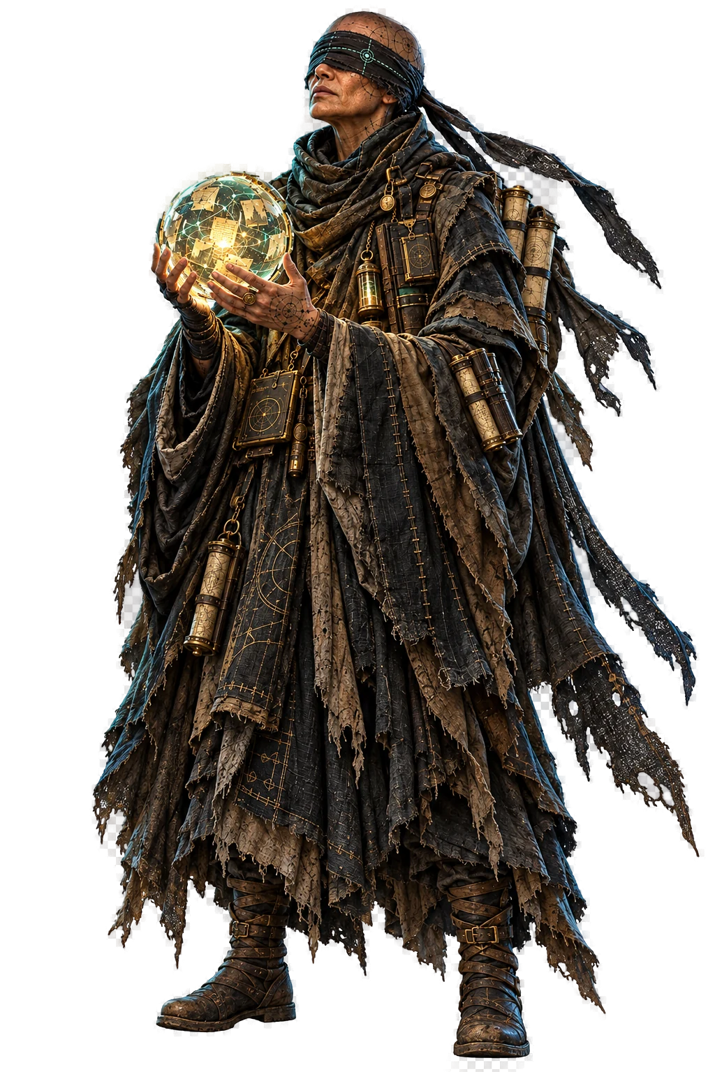 The Veiled Oracle, an original blind wasteland monk holding the glowing Memory Sphere.