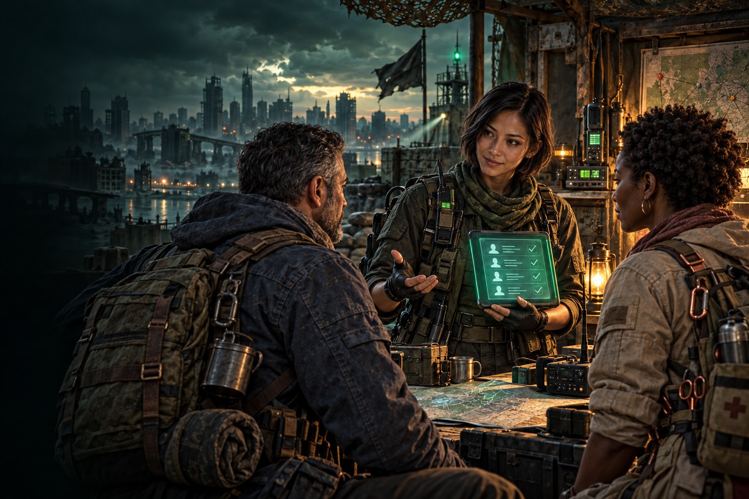 Three original survivors review an alliance roster at a fortified communications outpost.