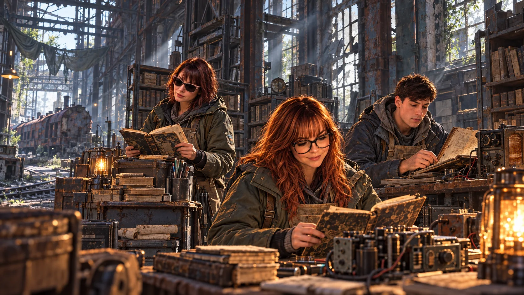 Alliance researchers salvage field notebooks and compare discoveries in a reclaimed railway archive.