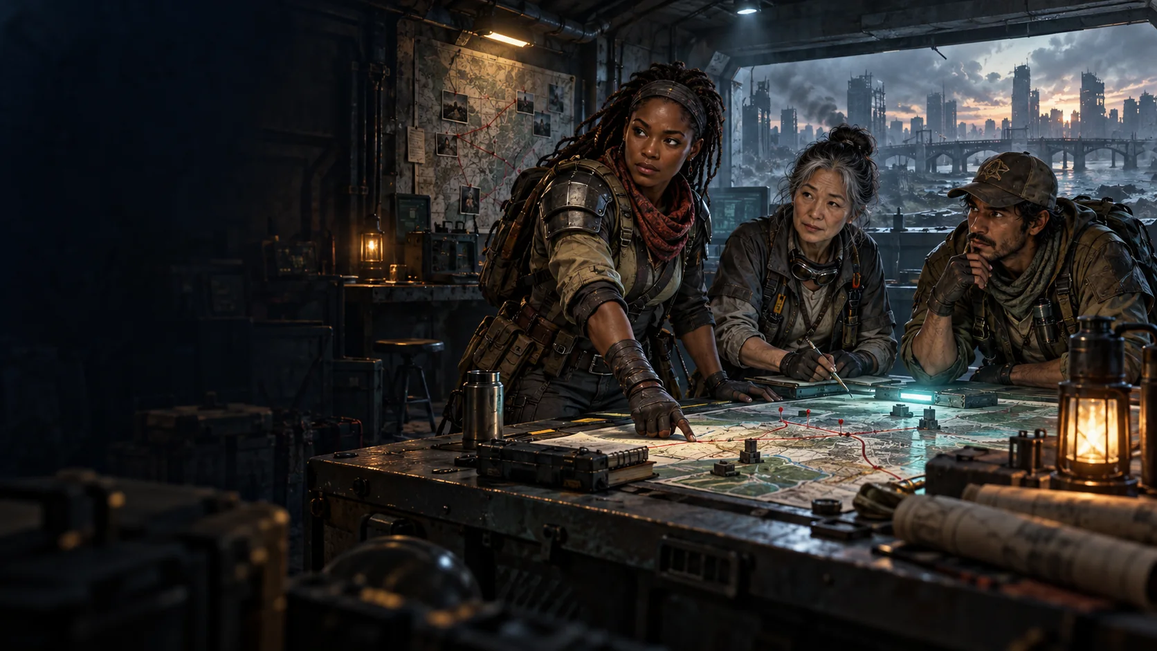 An original survivor command team planning routes around a tactical table in a fortified operations room.