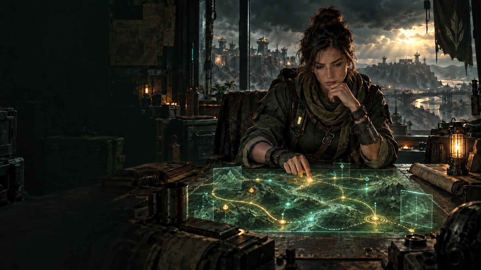 An original survivor strategist arranging a glowing tactical board.