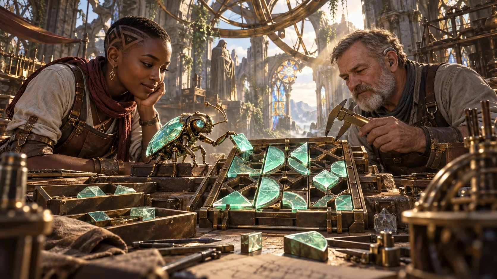 Two original puzzle engineers and a crystal beetle fit glowing geometric tiles into a mechanical board.