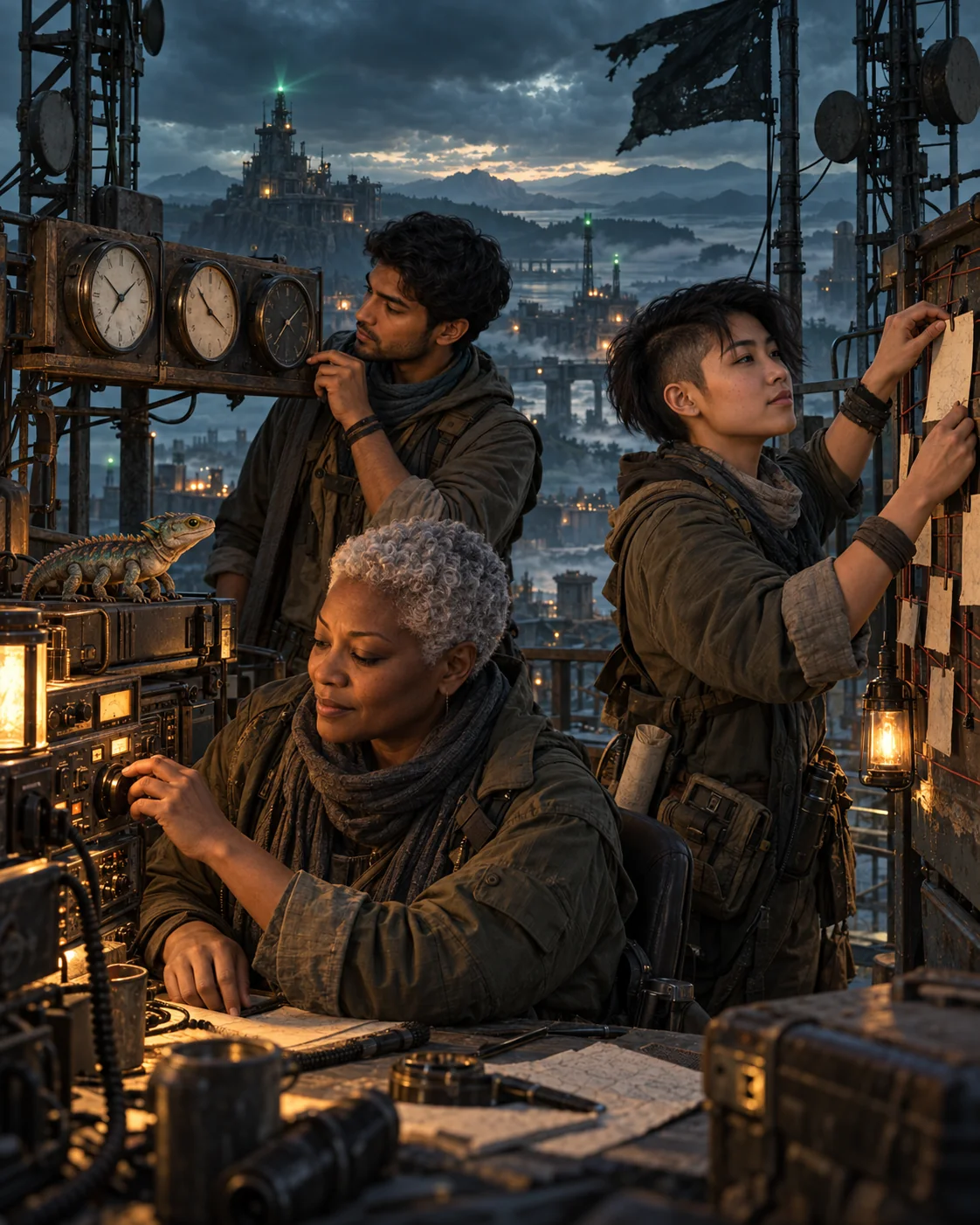 Three original alliance communications officers coordinate radios, clocks, and event cards from a fortified Signal Tower while a small radio-lizard watches the console.