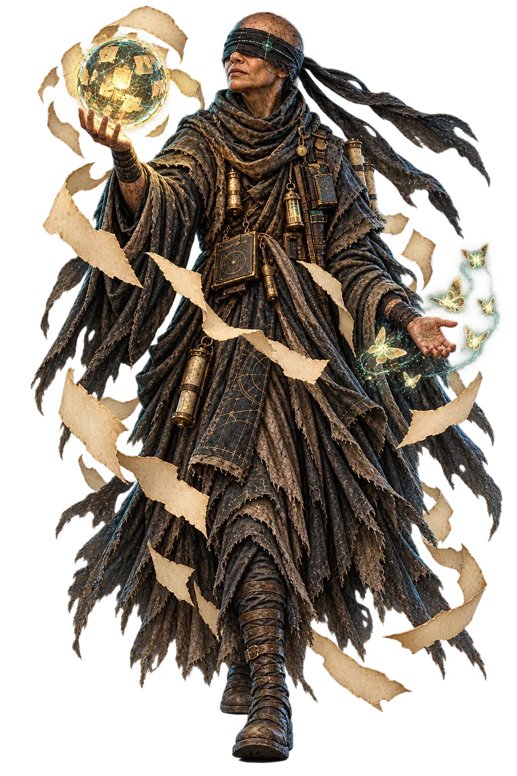 The Veiled Oracle steps forward with the Memory Sphere, blank parchment, and a small swarm of spectral moths.