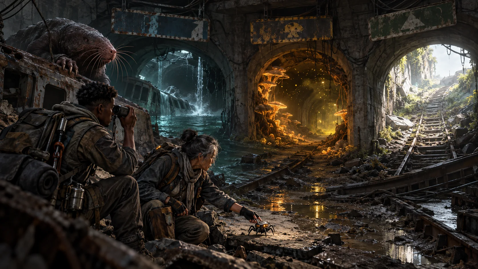 Two scouts compare flooded, fungal, and daylight routes while a mechanical beetle checks the way ahead.