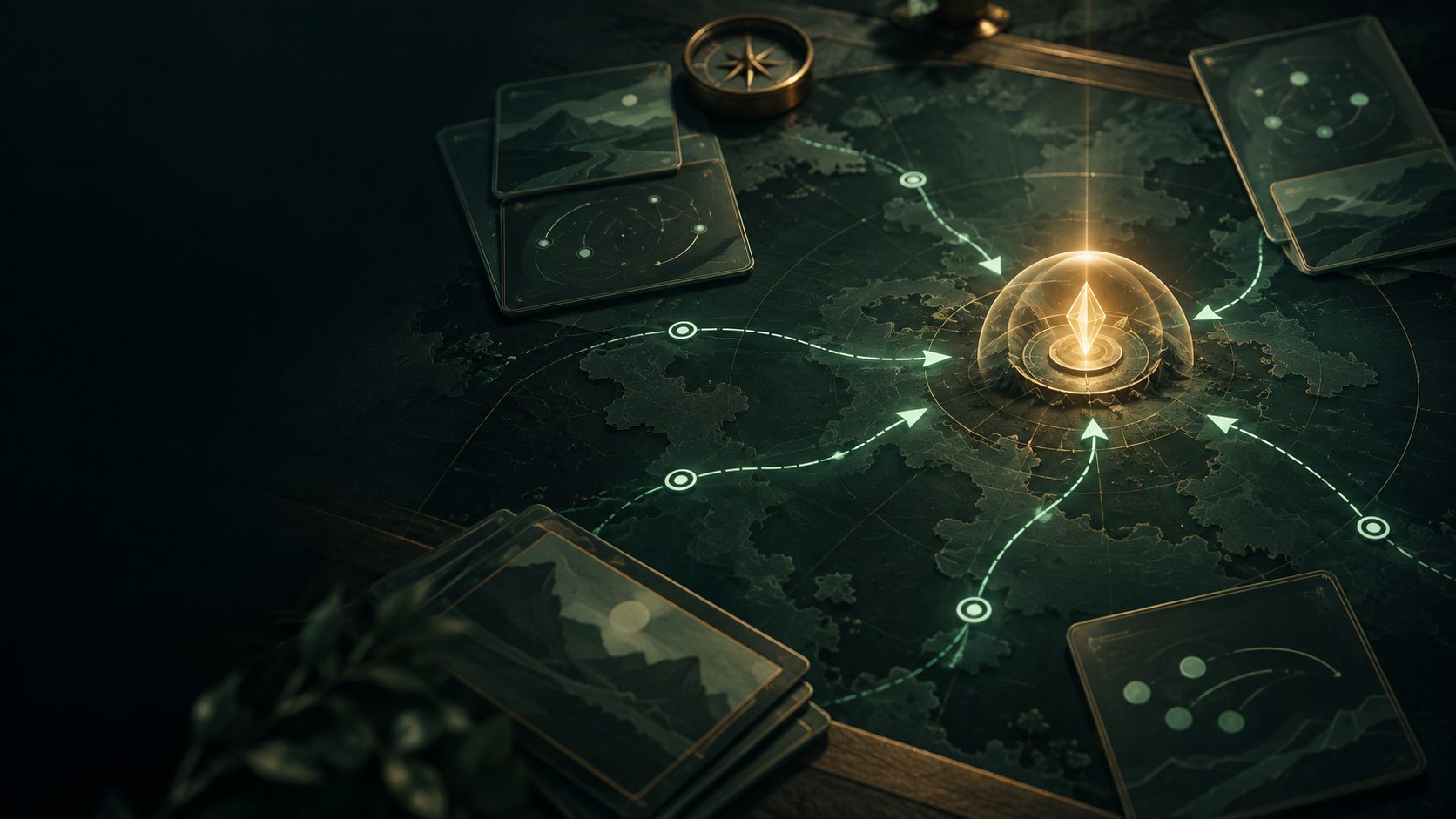 An abstract strategy map with routes converging on a glowing sanctuary beacon.