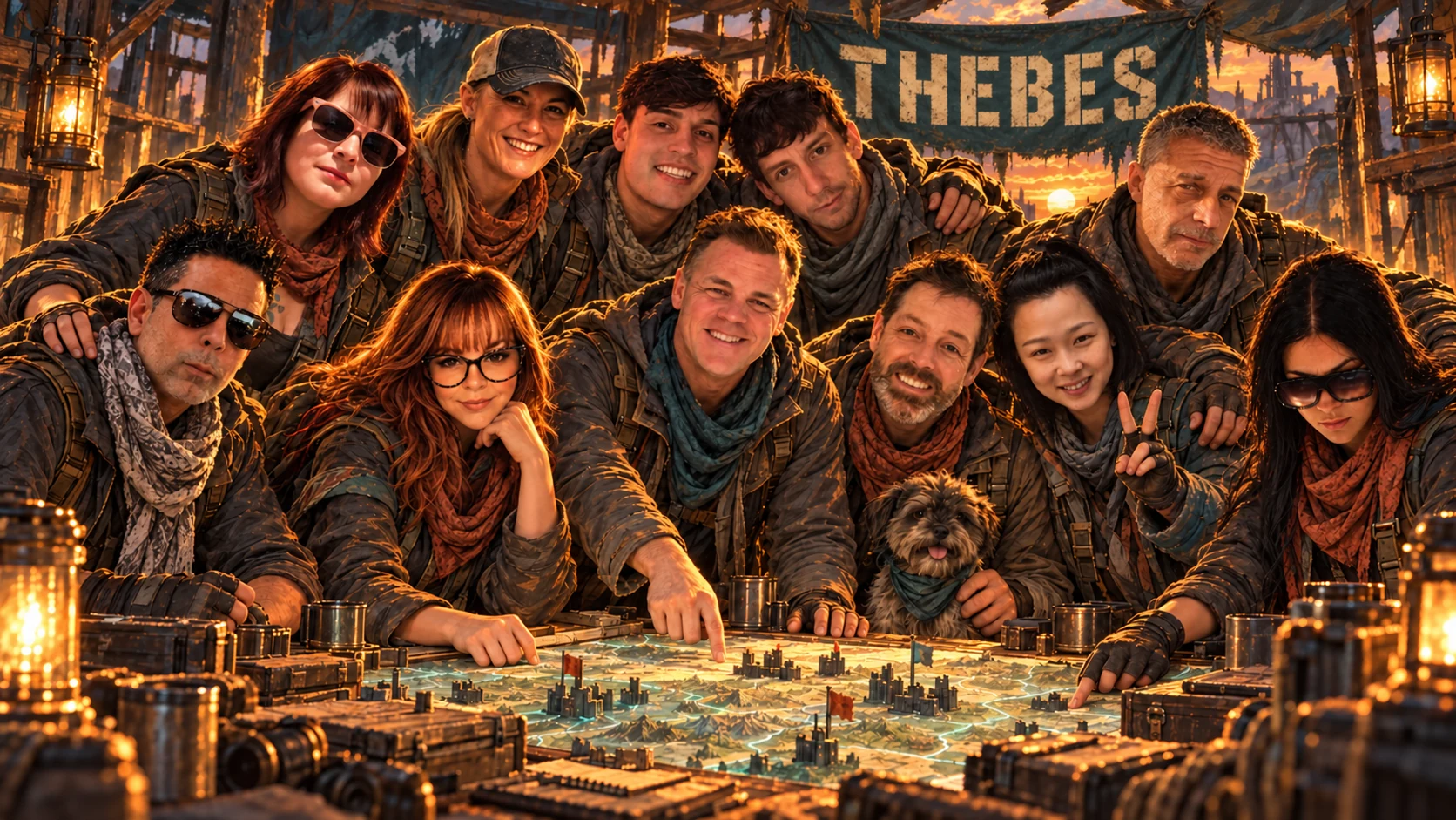An original illustrated ensemble of eleven THEBES members gathered around a tactical map with their small dog.