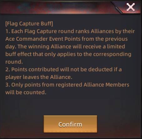 In-game help says each round uses registered members’ previous-day Ace Commander points and awards a buff for that round.