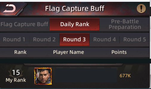 Flag Capture Buff Daily Rank showing the Round 3 header and one personal rank row; player names and other rows are omitted.