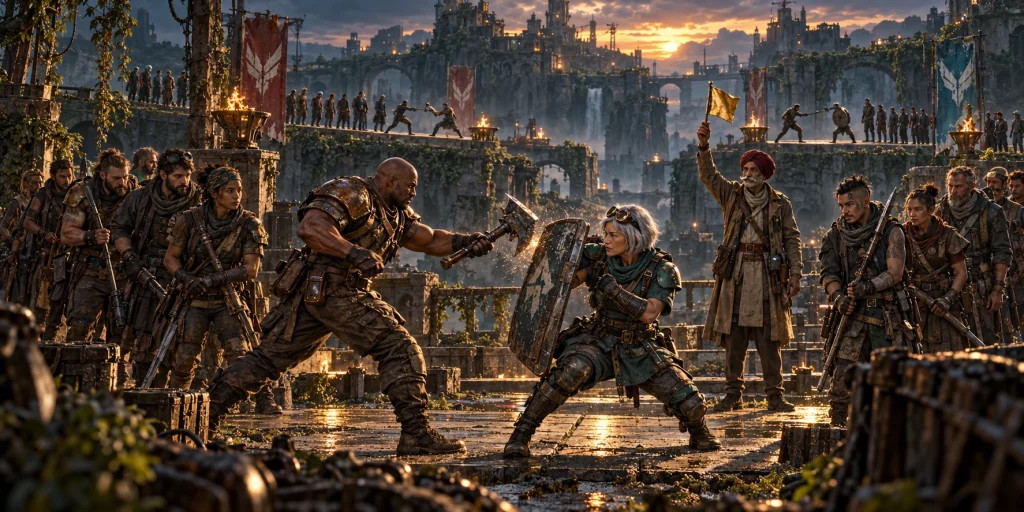Two survivor champions clash between opposing alliance lines while a judge holds a gold flag in a ruined-city arena.