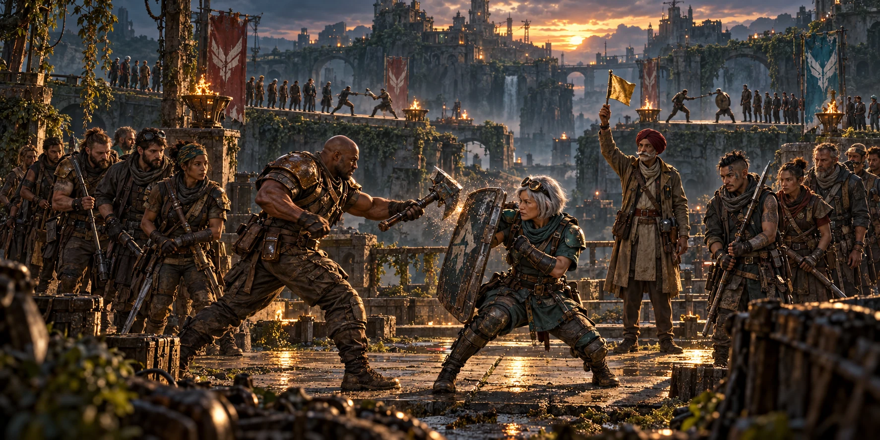 Two survivor champions clash between opposing alliance lines while a judge holds a gold flag in a ruined-city arena.