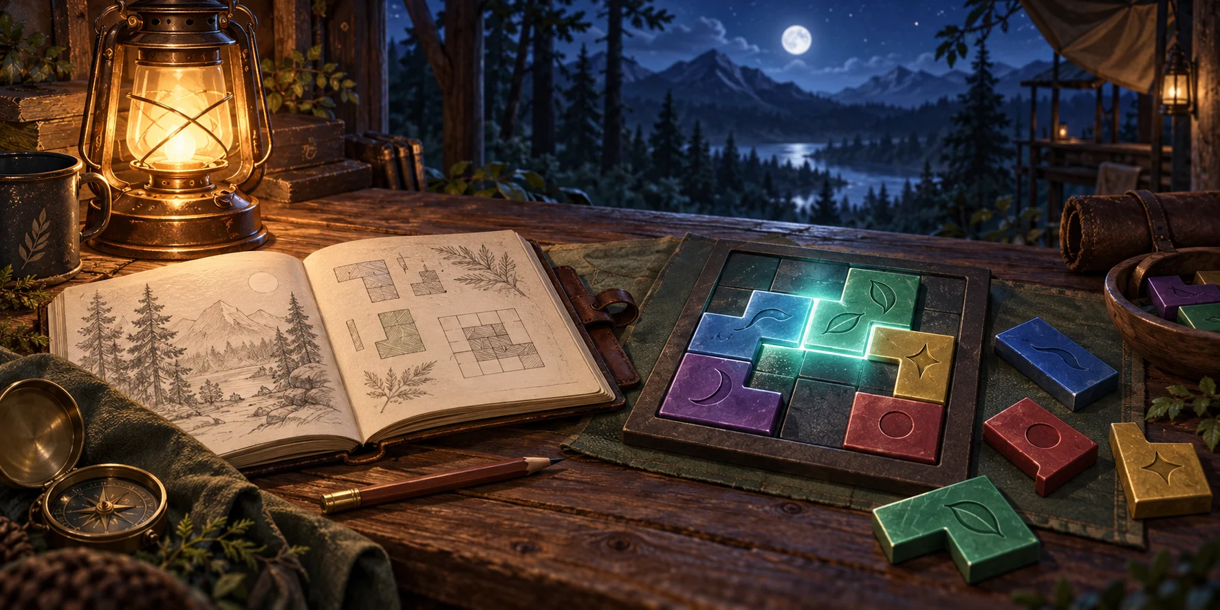 An illustrated field journal and abstract colored puzzle pieces on a lantern-lit planning desk overlooking a forest at night.