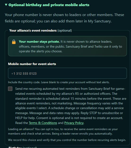 The expanded optional mobile-alert section, with an empty phone field and an unchecked text-reminder checkbox.