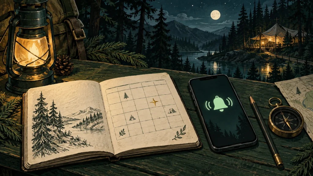 An illustrated field journal and phone with a mint reminder bell beside a lantern-lit forest shelter.